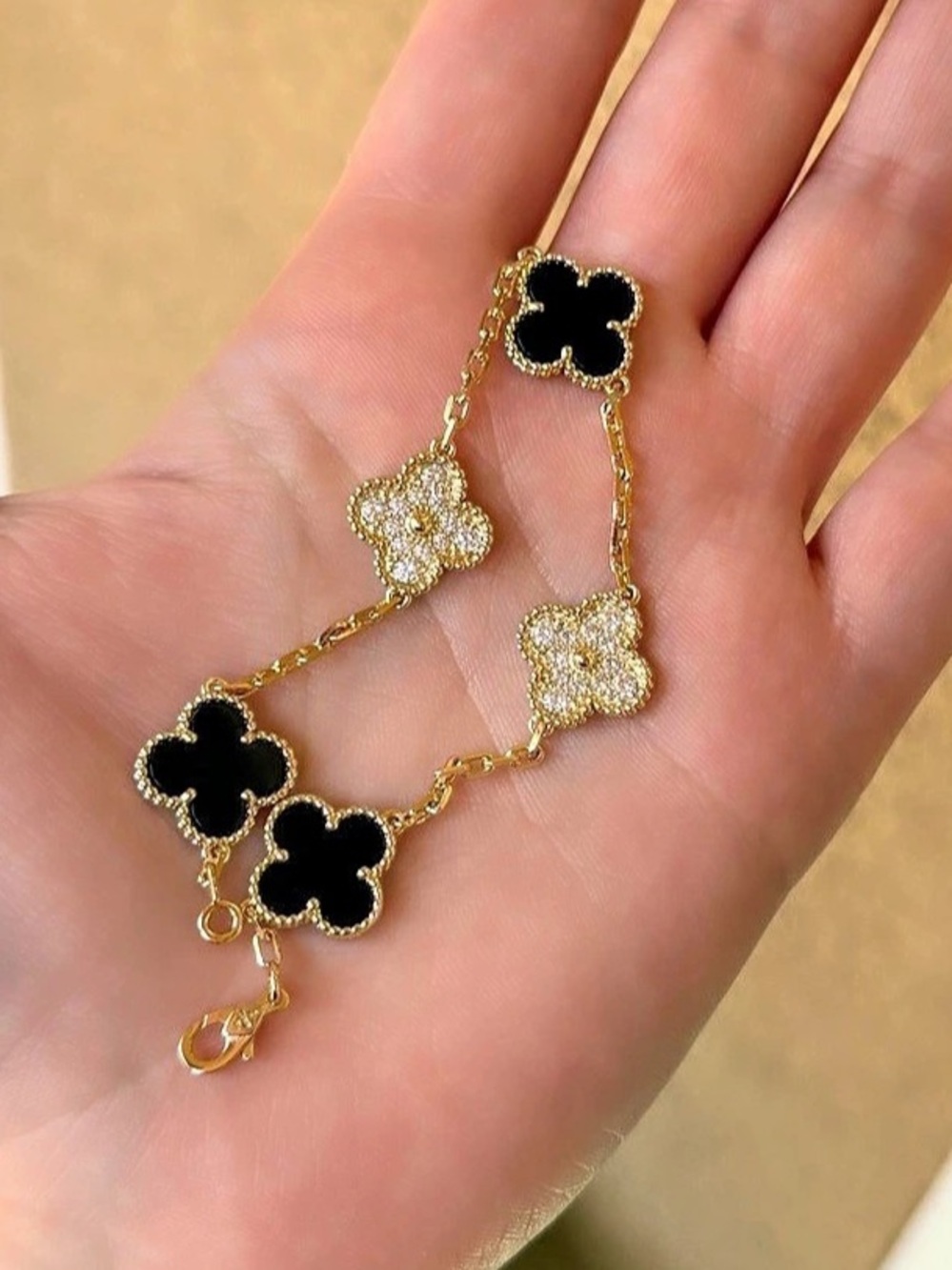 Balck and Gold Clover Bracelet with Crystals